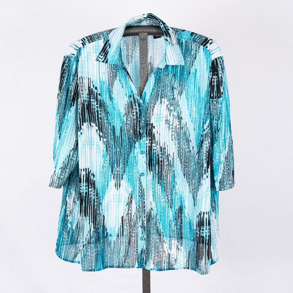 Maggie Barnes Women's Short Sleeve Button Front Top Colorful Abstract Size 14W